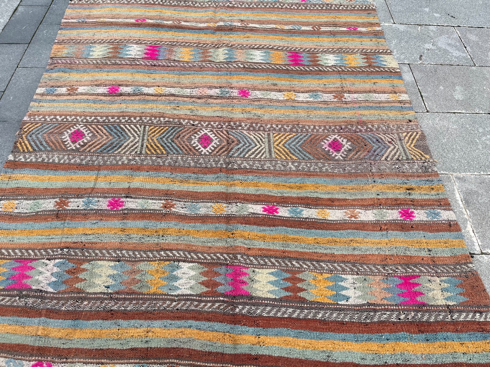 Vintage Turkish Kilim Rug 4.9×9.8 Handmade Wool Area Carpet Pink Boho Home Decor
