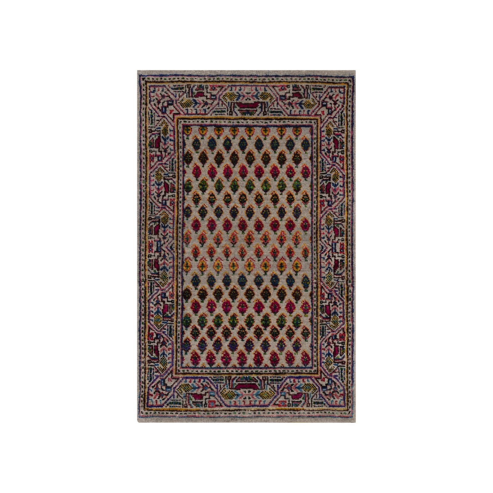 1’10″x3′ Colorful Wool and Silk Repetitive Boteh Design Hand Knotted Mat Rug