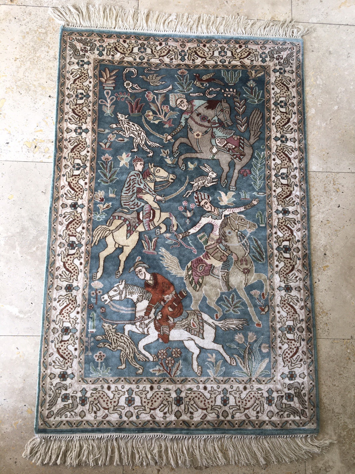 Authentic Hand Knotted 100% Silk Hunting Theme Carpet 3 ft 1.5 in x 2 ft 1 in