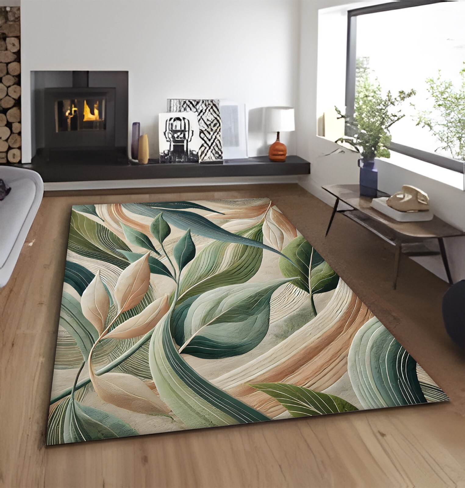 Abstract Leaf Pattern Rug Modern Nature-Inspired Design Eco-Friendly Green rug