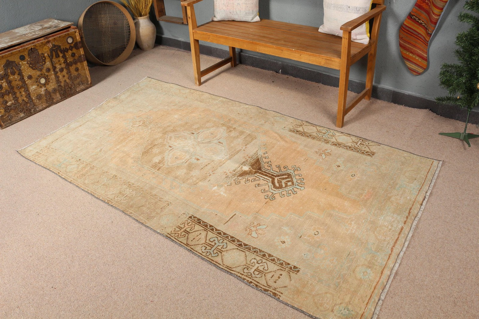 Vintage Turkish Rug, 4,1×7,5 ft Area Rug, Brown Plants & trees Rug