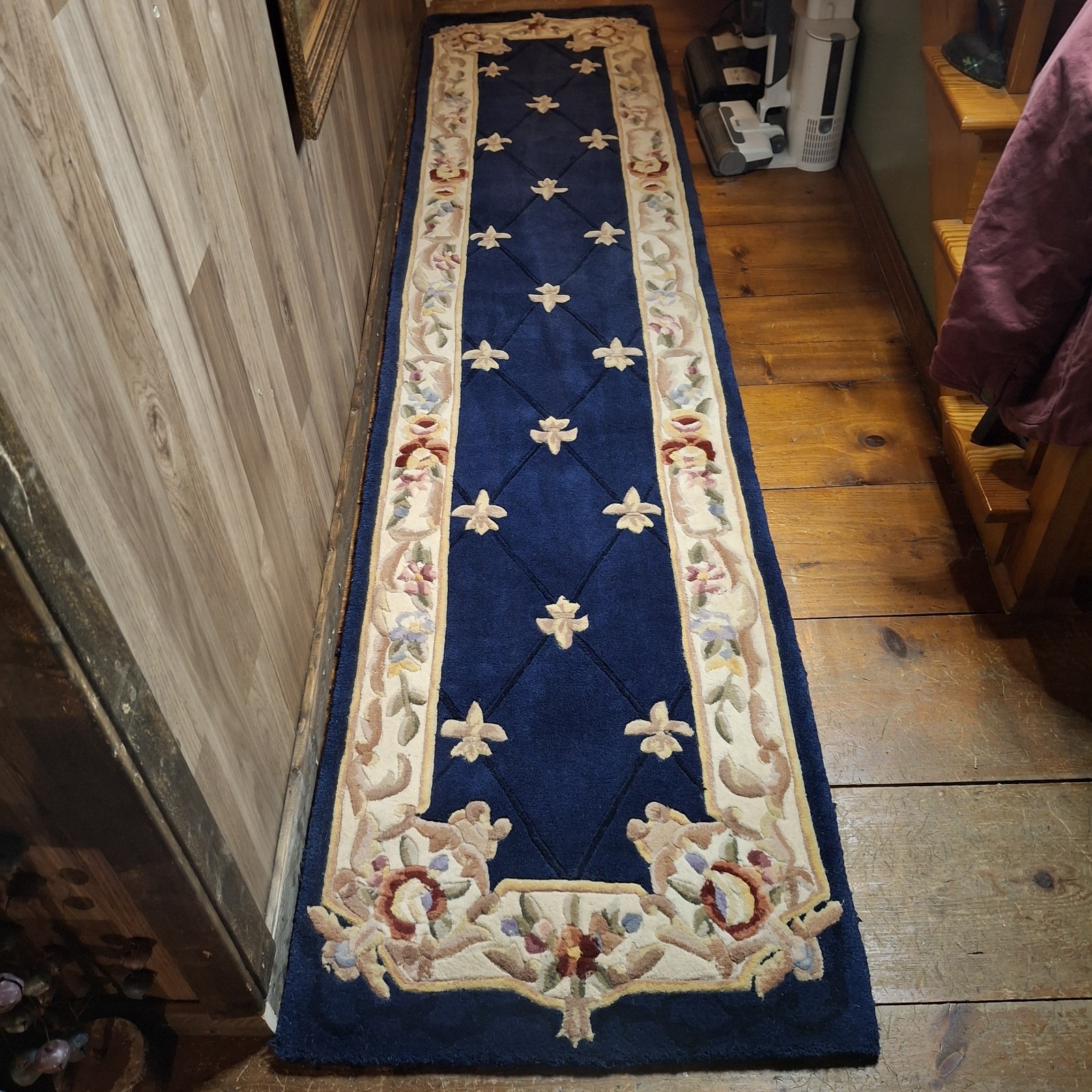 Vintage Floral 100% Wool Pile Rug 2X3X10ft Navy Blue Royal Palace Fleur de Lis