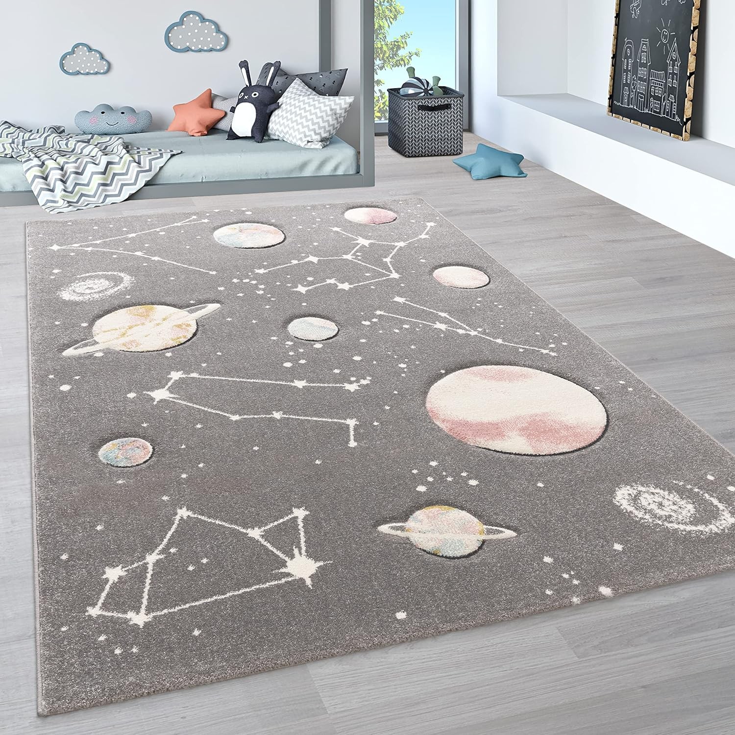 Kids Rug Play Rug Space Area Galaxy Children´s Room Planets & Stars in Grey