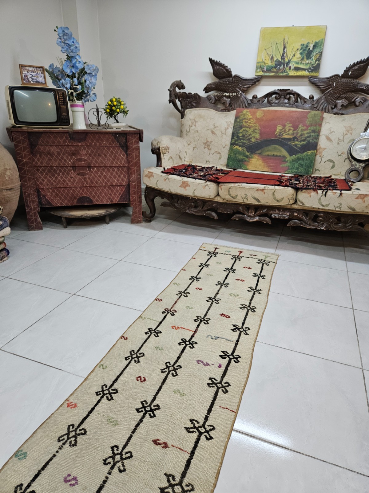 1.9 x 8.5 ft Minimalist Turkish Kilim Runner, Handwoven Cream Wool Tribal Carpet