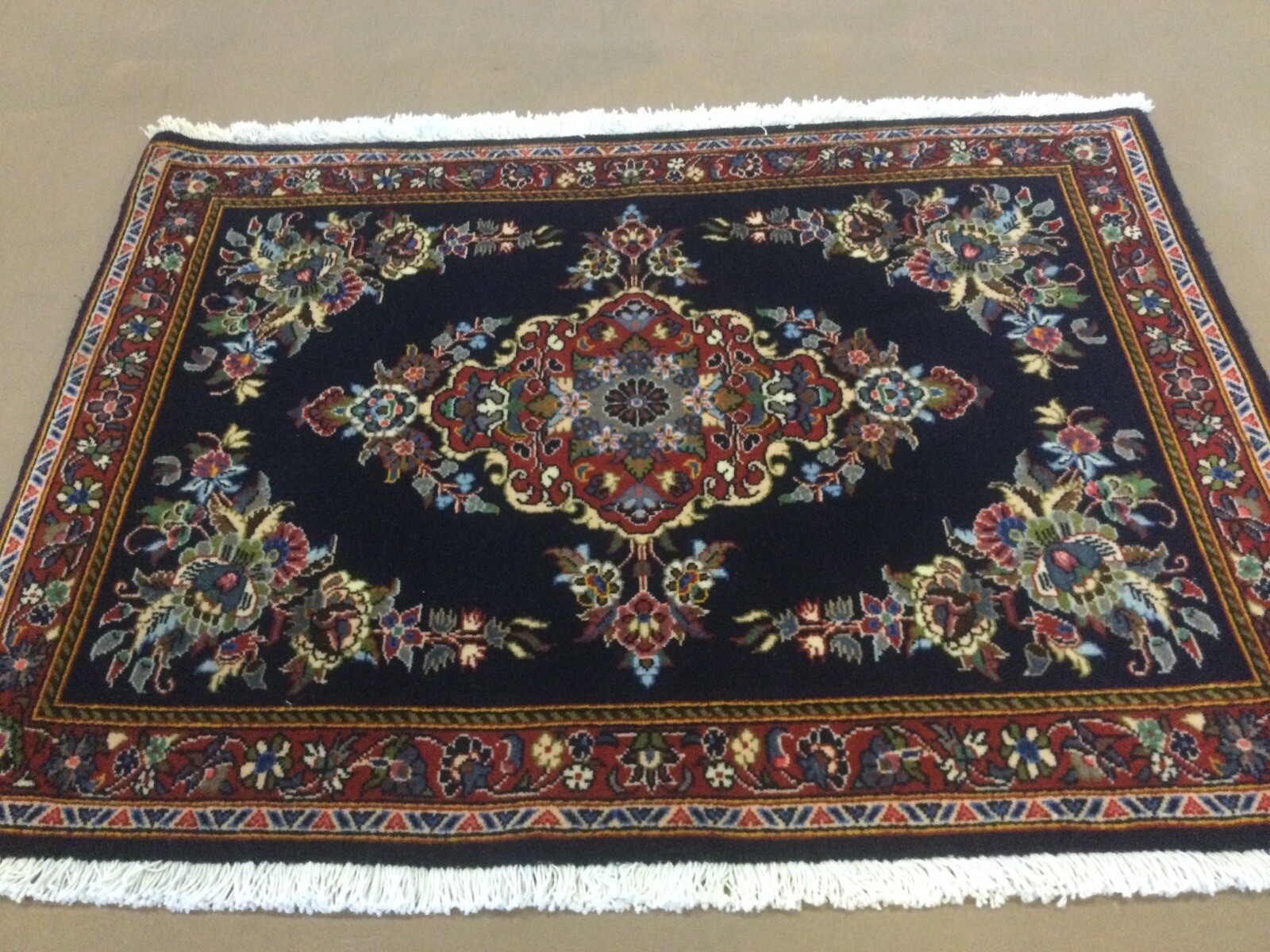 2’.5” X 3’.3” Navy Blue Red Traditional Floral Hand Knotted Oriental Area Rug