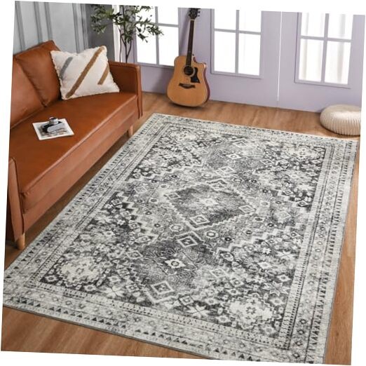 Washable Rug 6×9 Area Rug Gray Vintage Floral Print Nonslip Thin Foldable