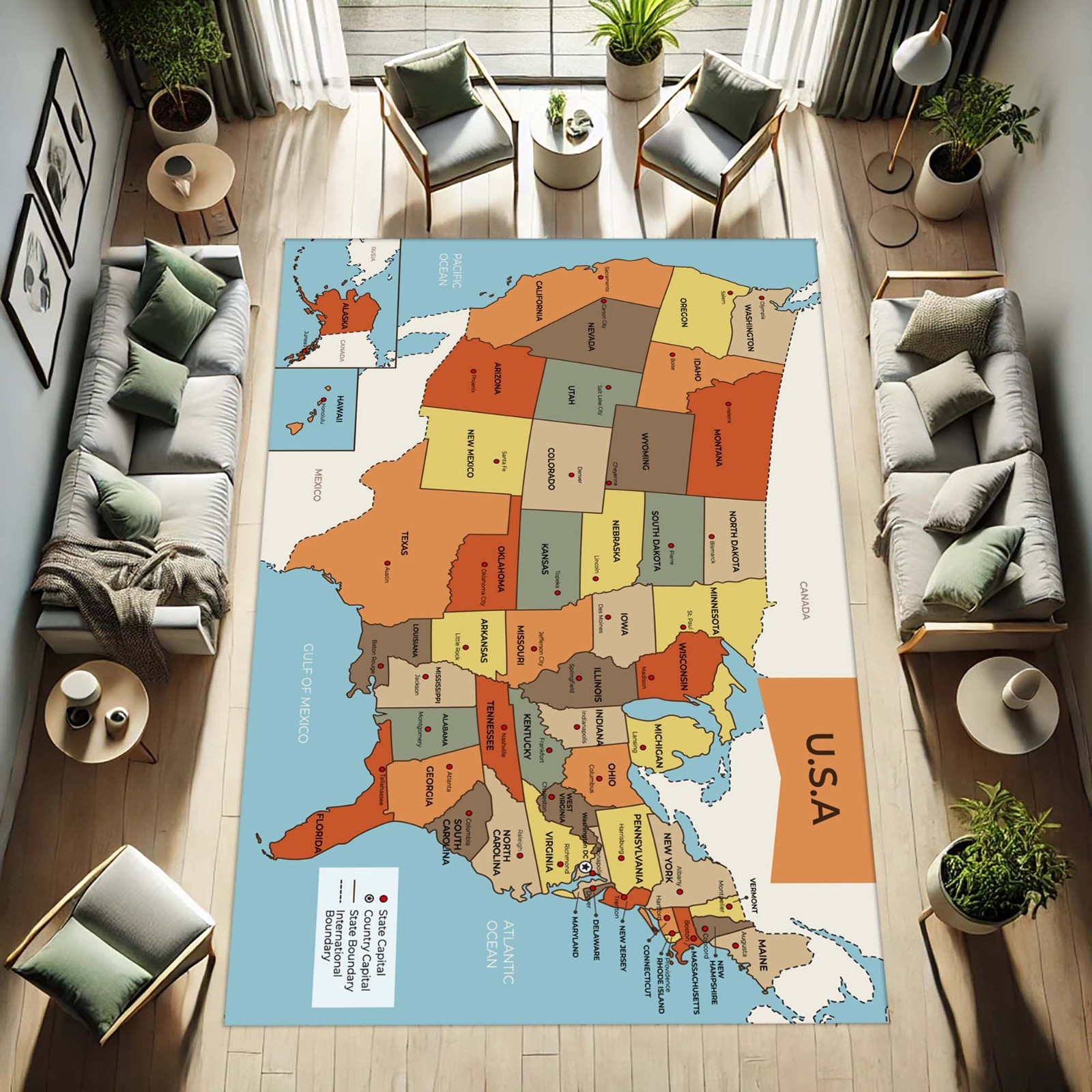 USA Map Rug, Educational Carpet, Geography Learning Mat, United States Classroom