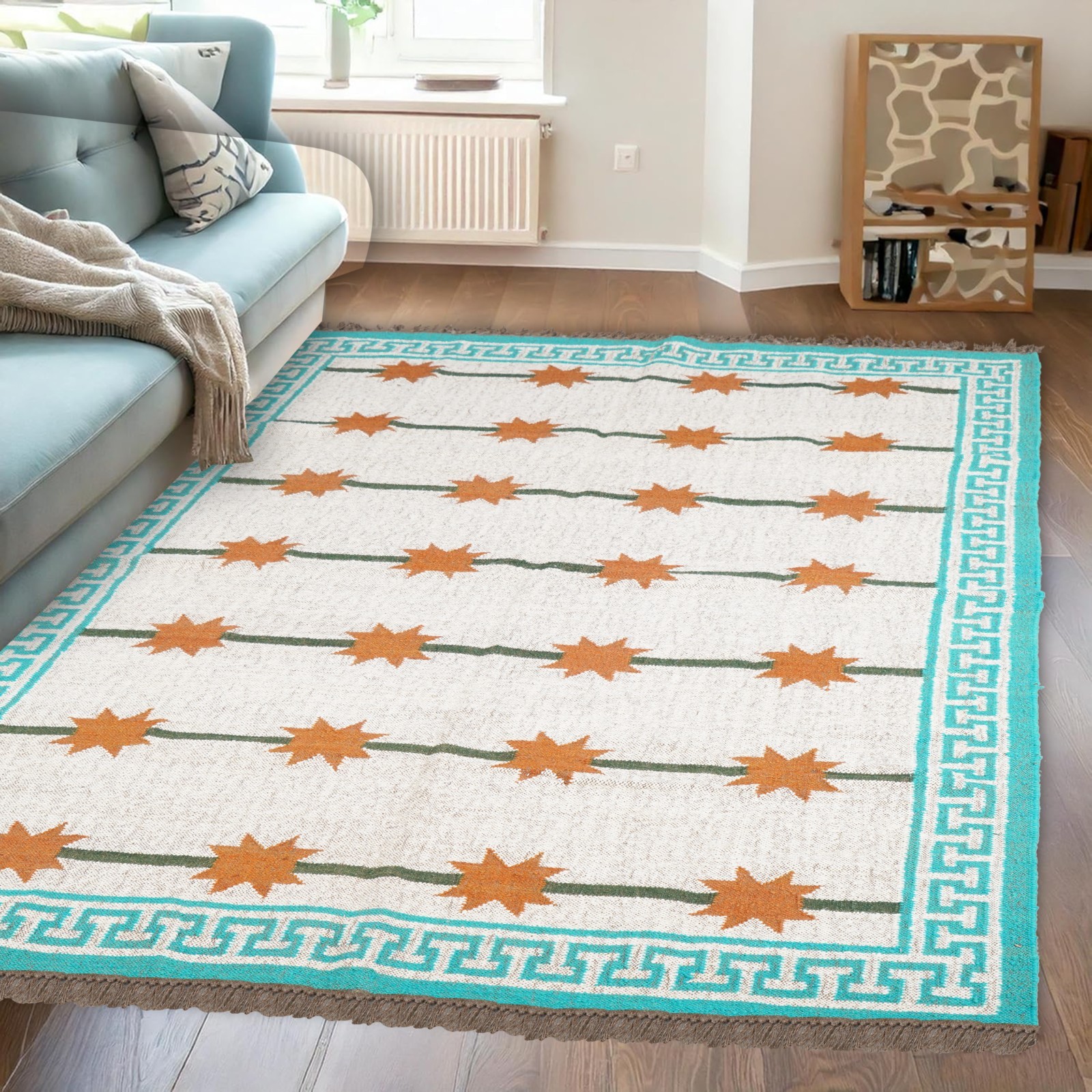 Handwoven Wool Jute Kilim Rug, Rust Brown & Natural Ivory Starburst Area Rug