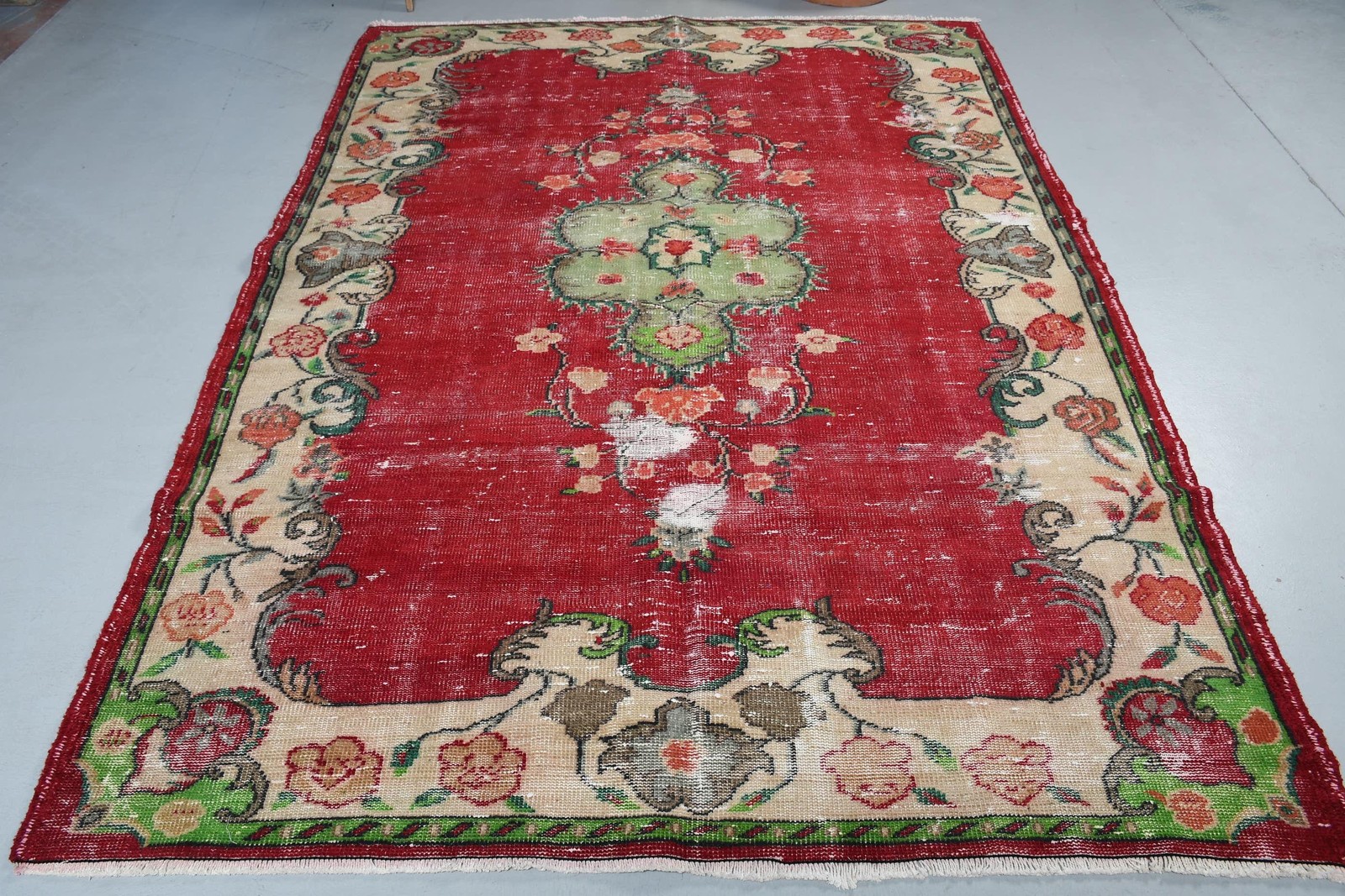 Vintage Rug, 5,7×8,5 ft Turkish Rug, Red Plants & trees Wool Rug