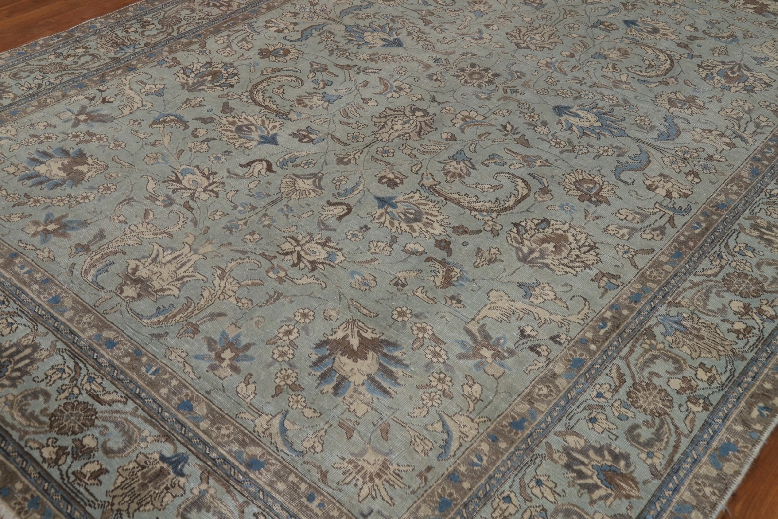 Handmade Sage Green Floral Tebriz Area Rug 7×11 Vintage Over-Dyed Room Size Rug
