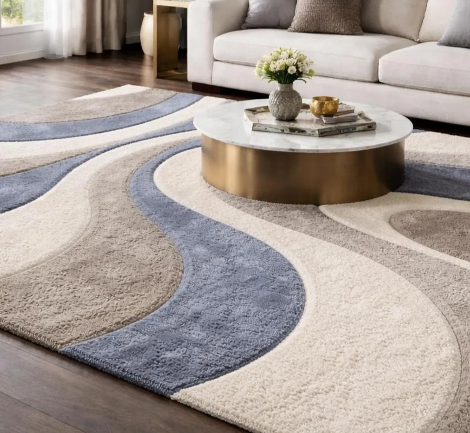 Modern Abstract Wave Area Rug, Blue Beige Neutral Carpet, Luxury Hand Tufted Rug