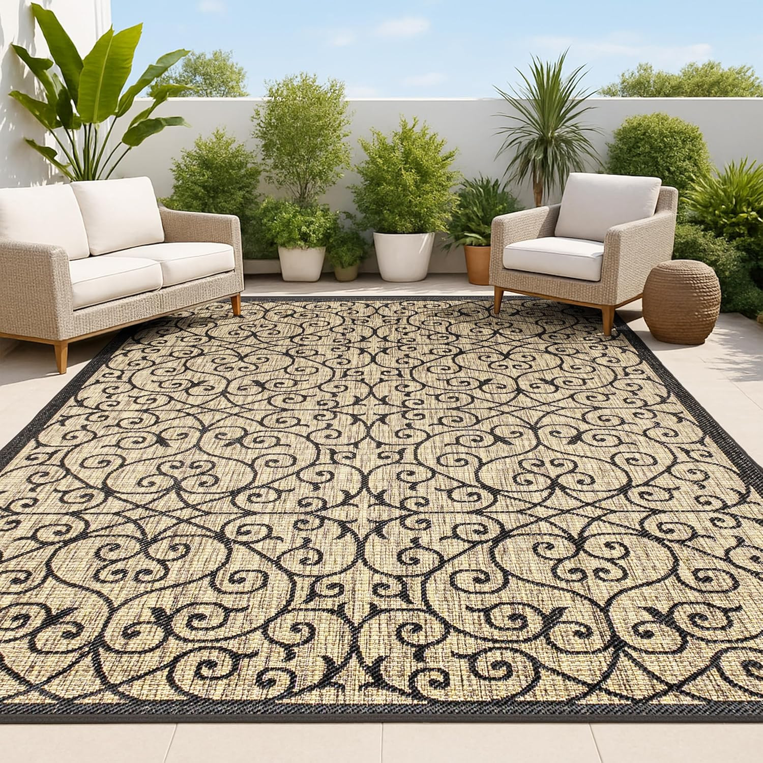 Vintage Filigree Indoor Outdoor Area Rug 8X10 Black/Khaki, Madrid Textured Weave