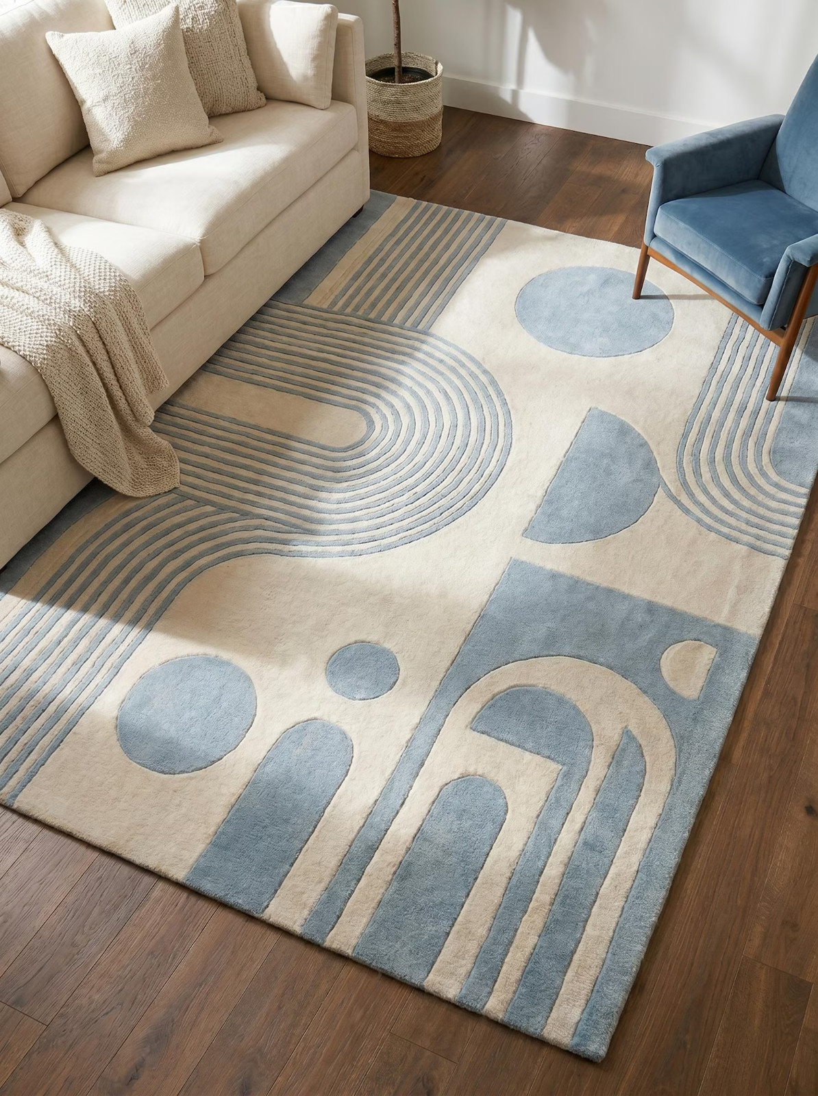 Handmade Blue Abstract Geometric Tufted Rug, Modern Scandinavian Area Rug, Cream