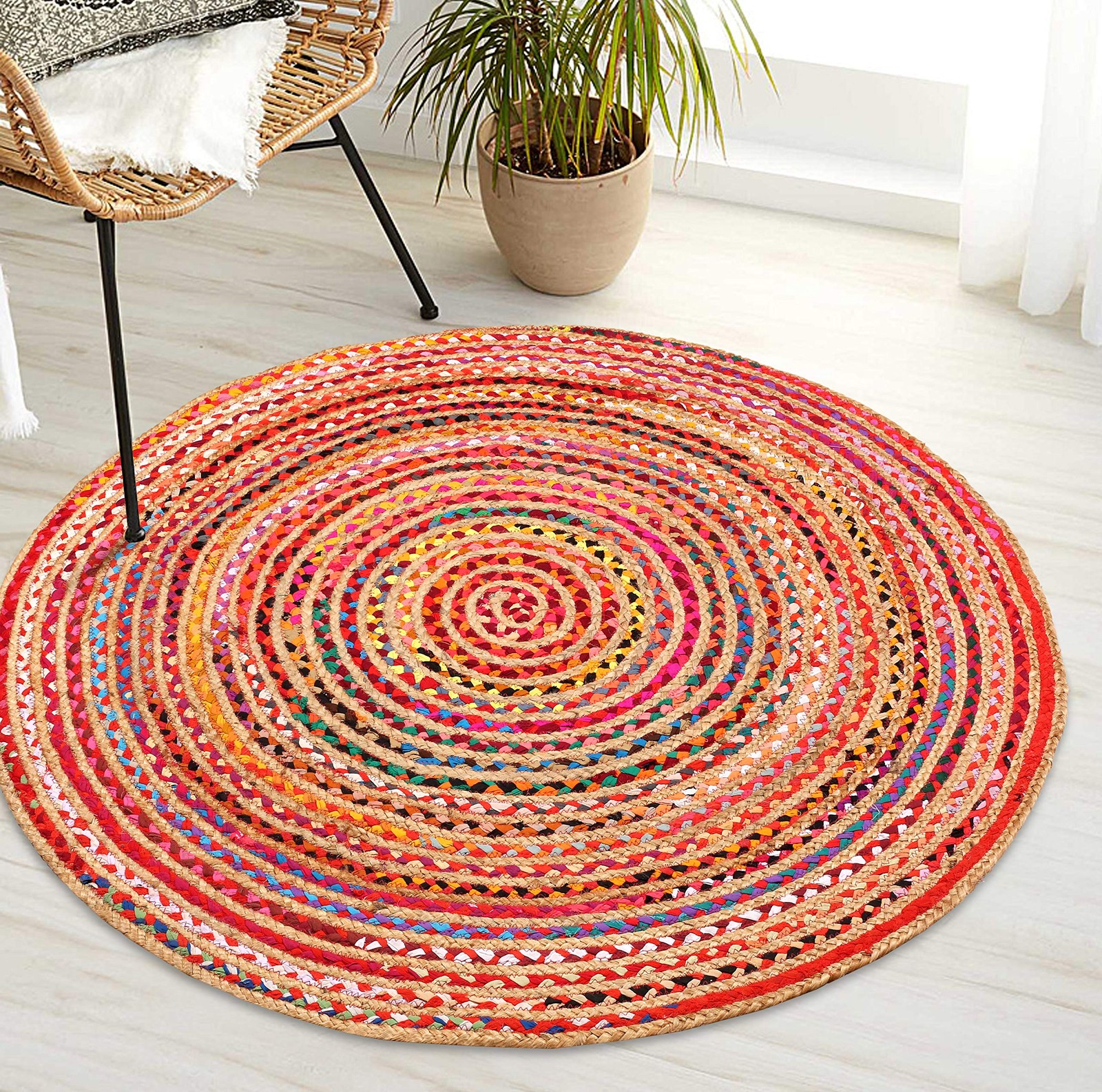 Jute Chindi Round Braided Rug, Hand Woven Reversible Natural Recycled Cotton Rug