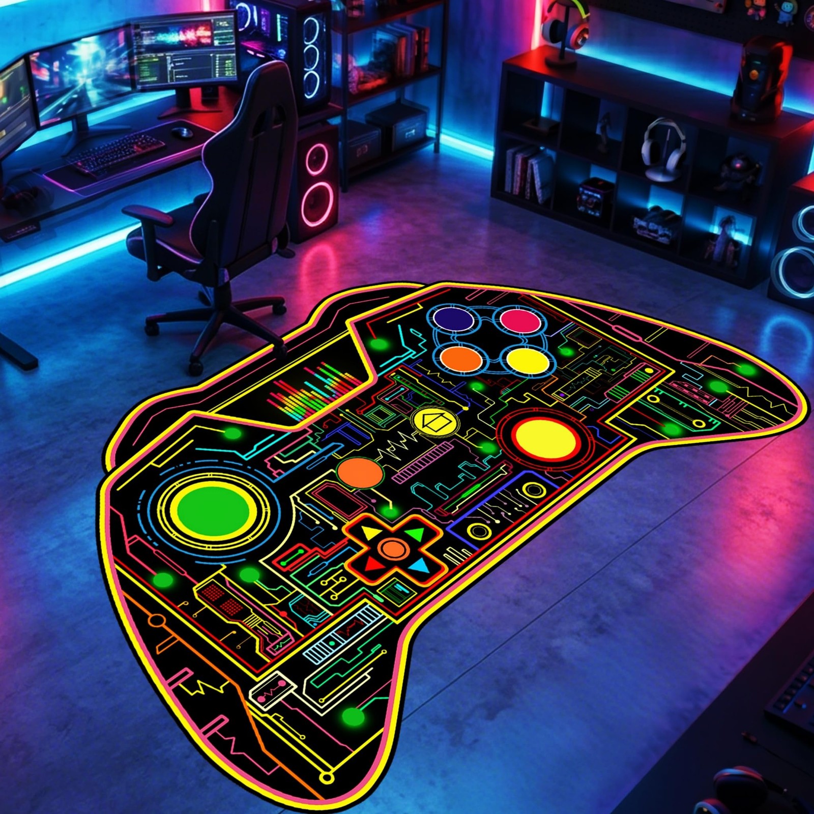 Gamer Rug for Boys Room – Gaming Rug, 4’6″ x 6′ Colorful Game Controller Shap…