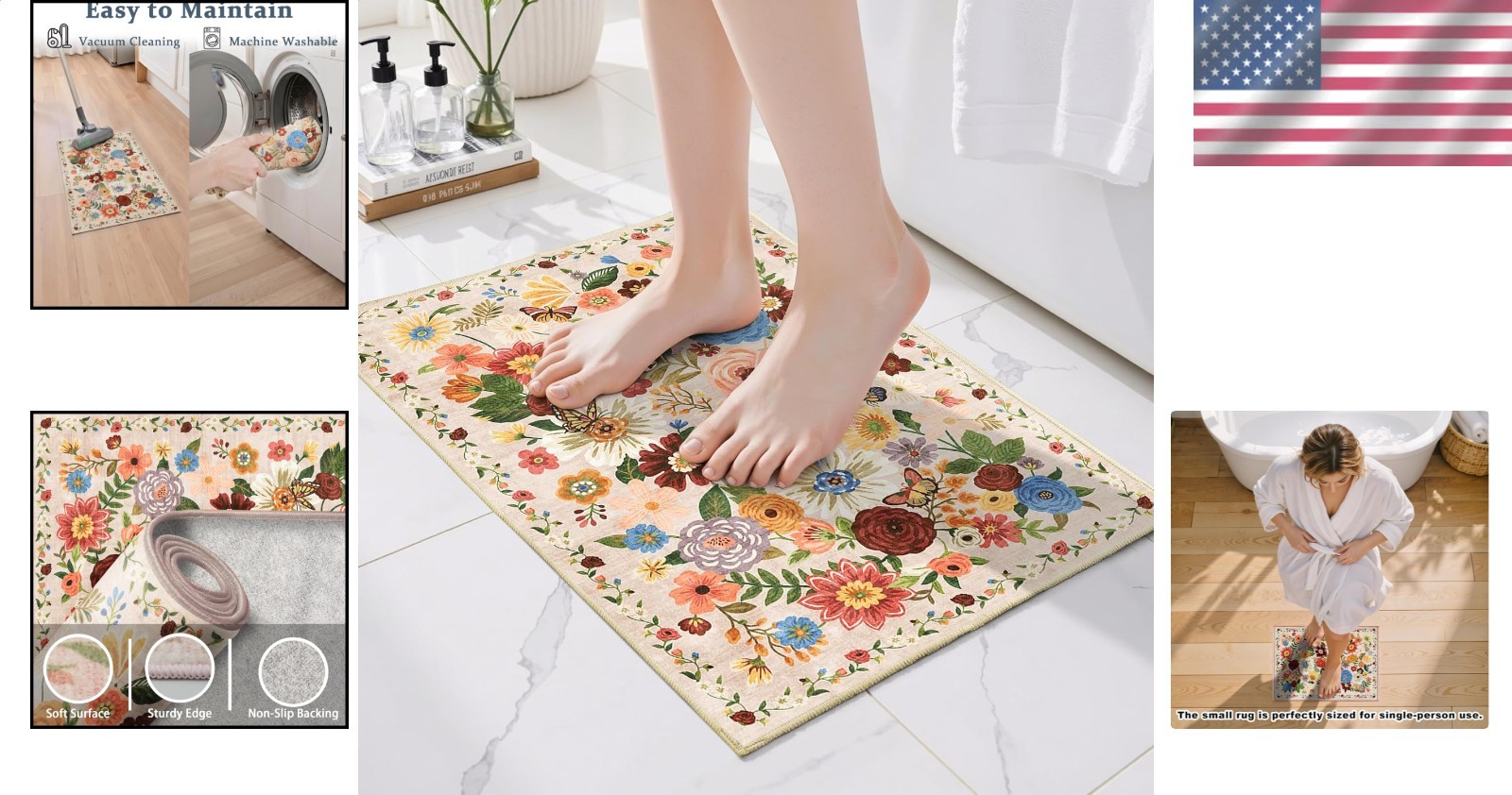 Entry Rug Small Washable Boho Floral Anti-Slip Low Pile Faux Wool Door Mat 24×17