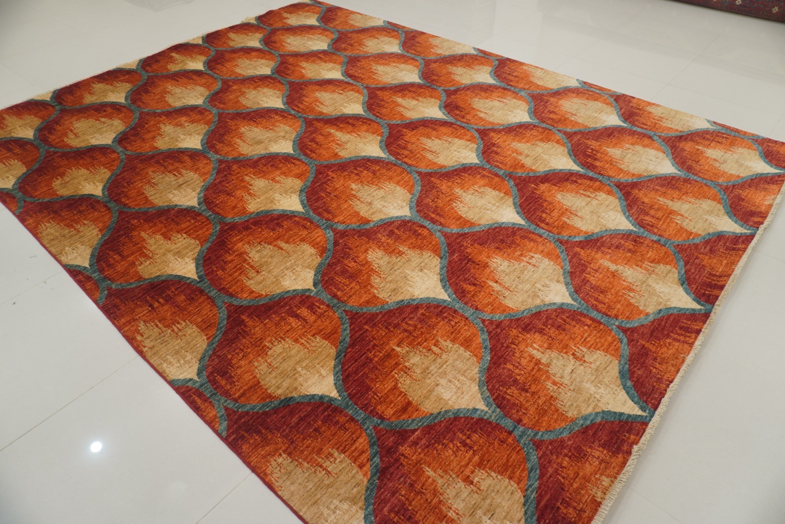 9×12 Rust Orange Ikat Afghan Hand Knotted Wool Area Rug