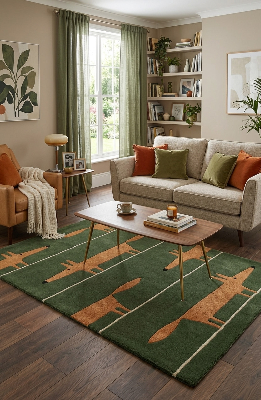 Hand Tufted Fox Area Rug – Green Rust Scandinavian Animal Carpet
