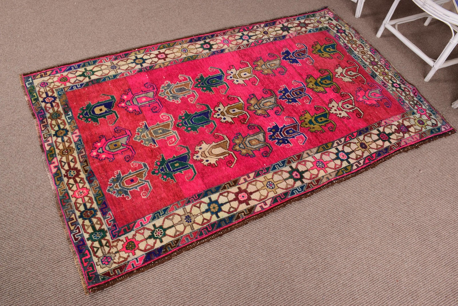 4,2×7 ft Vintage Rug, Red Striped Turkish Wool Rug
