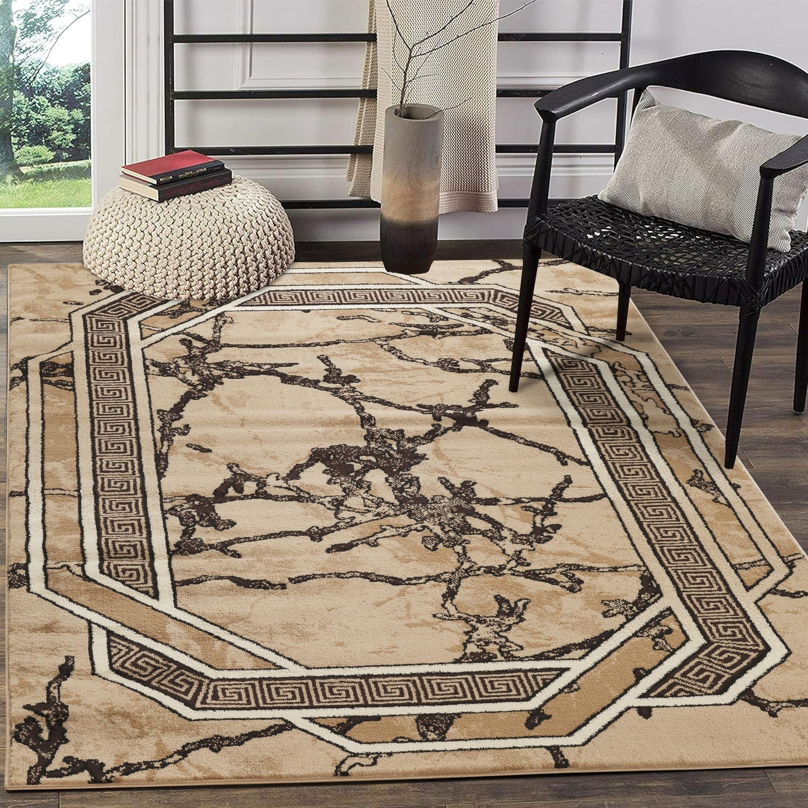 Area Rug Modern 5×7 Brown Beige Black Cream Marble Soft Contemporary Floor Ca…