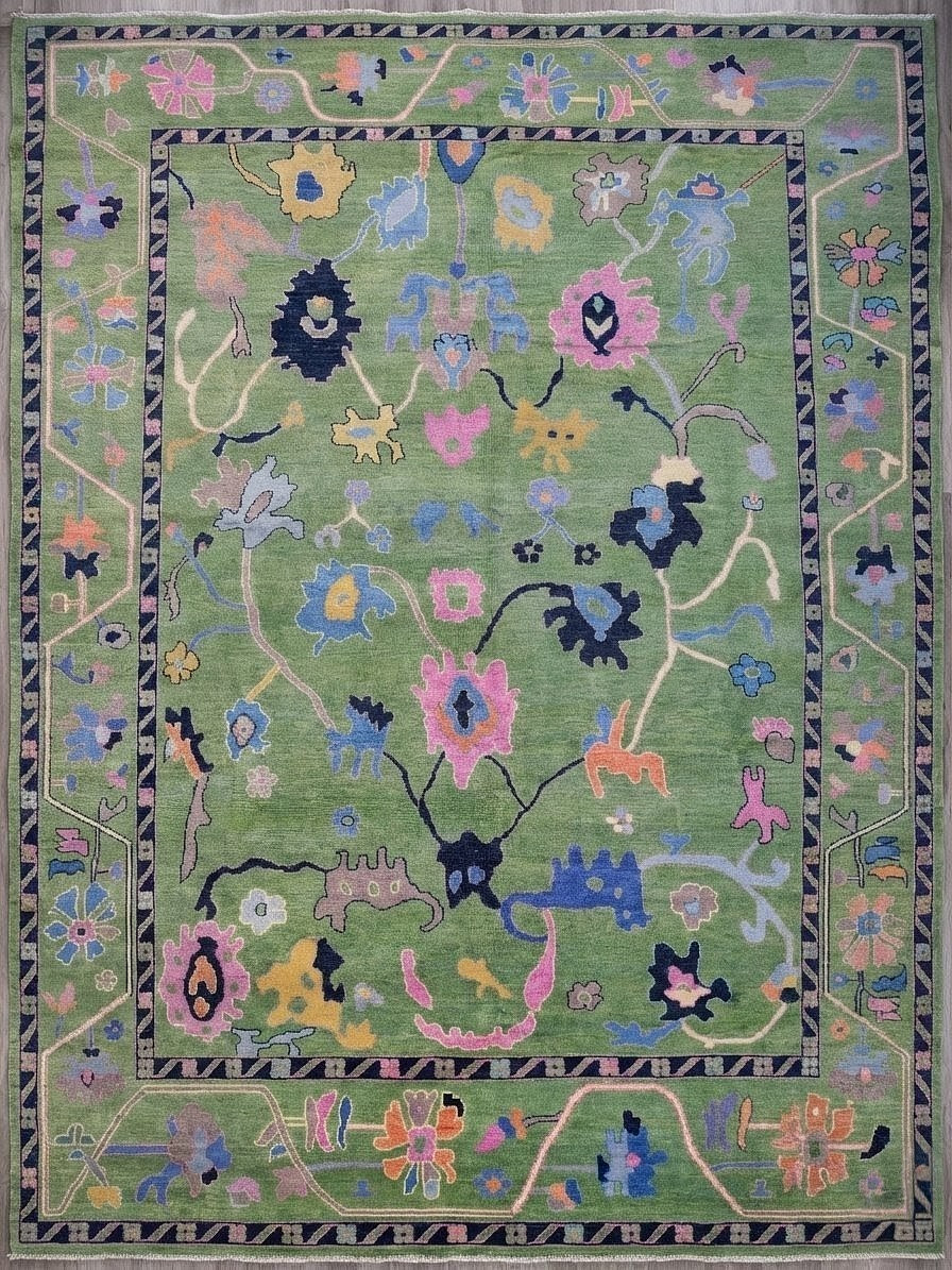 12×15 ft Green Turkish Oushak Rugs Hand Knotted Area Rugs For Livingroom Bedroom