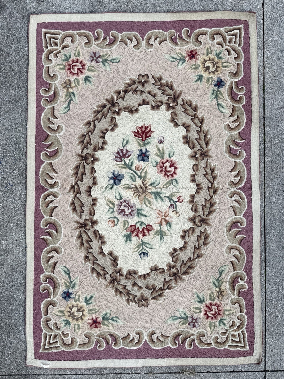 Vintage Hand Hooked Pink, Tan, Multicolor Floral Wool Area Rug, 44”x66”