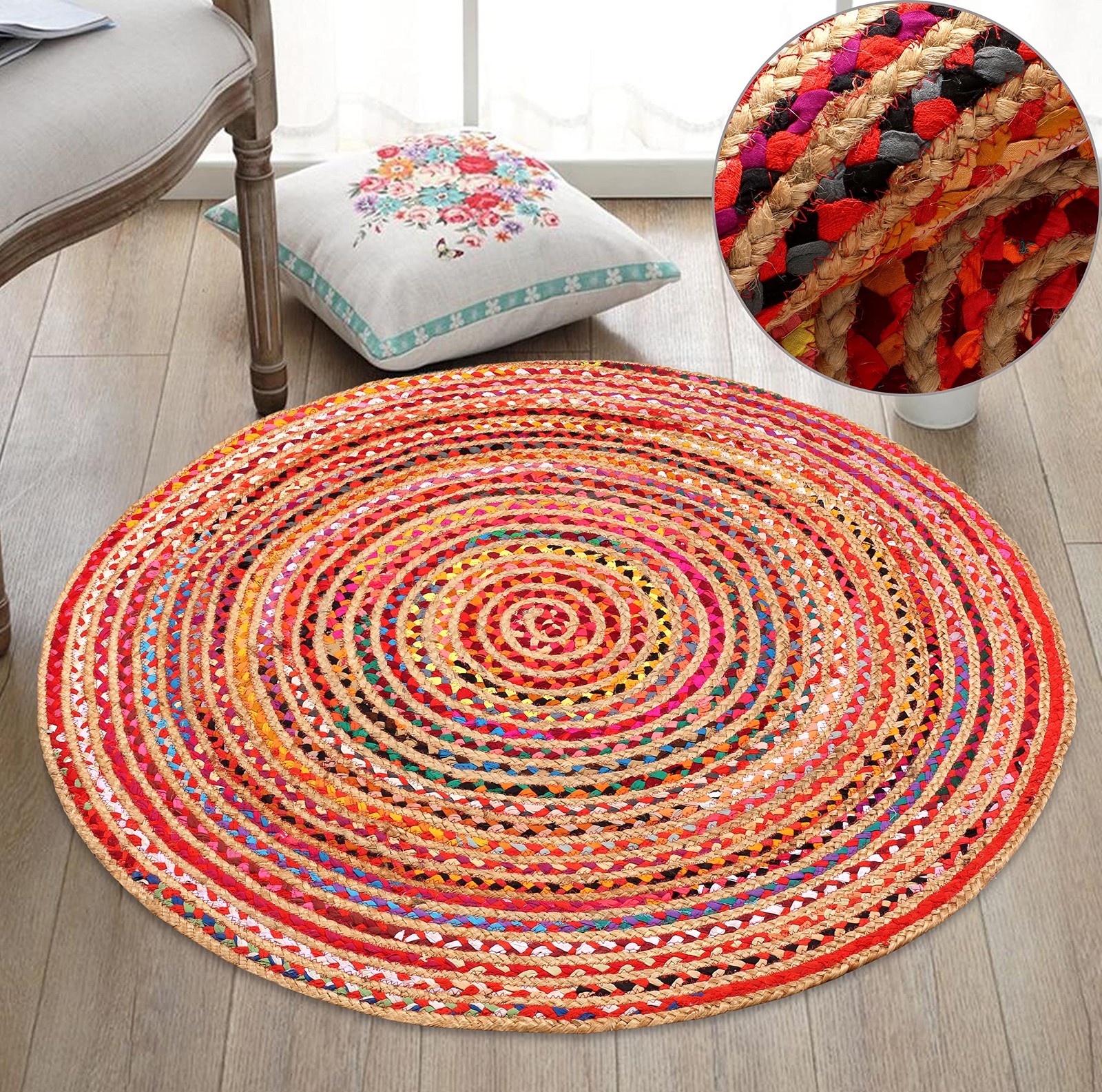 Jute Chindi Round Braided Rug, Hand Woven Reversible Natural Recycled Cotton Rug