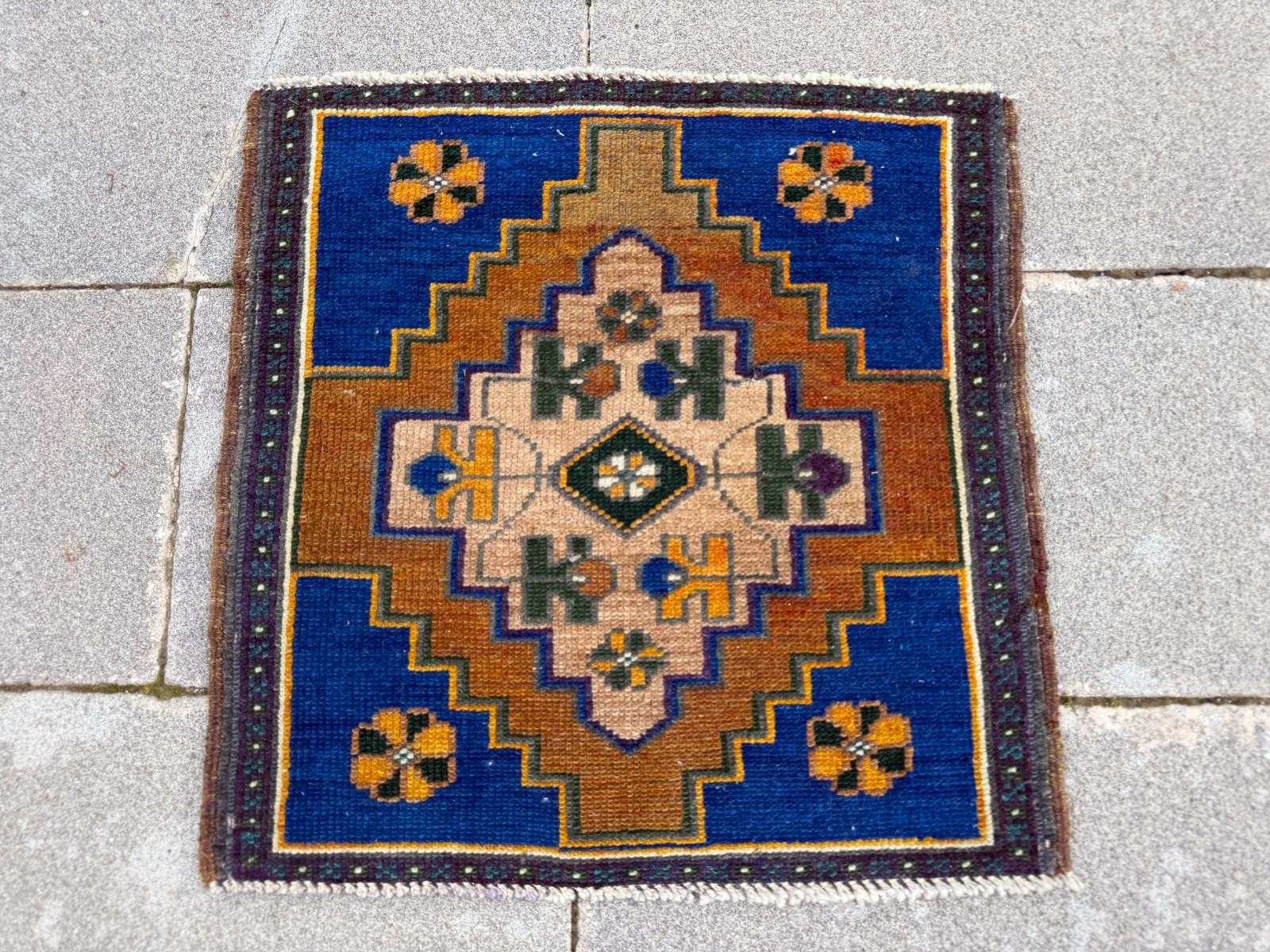 Vintage Oushak Square Rug 1.9×1.9 ft Royal Blue Turkish Boho Accent Rug