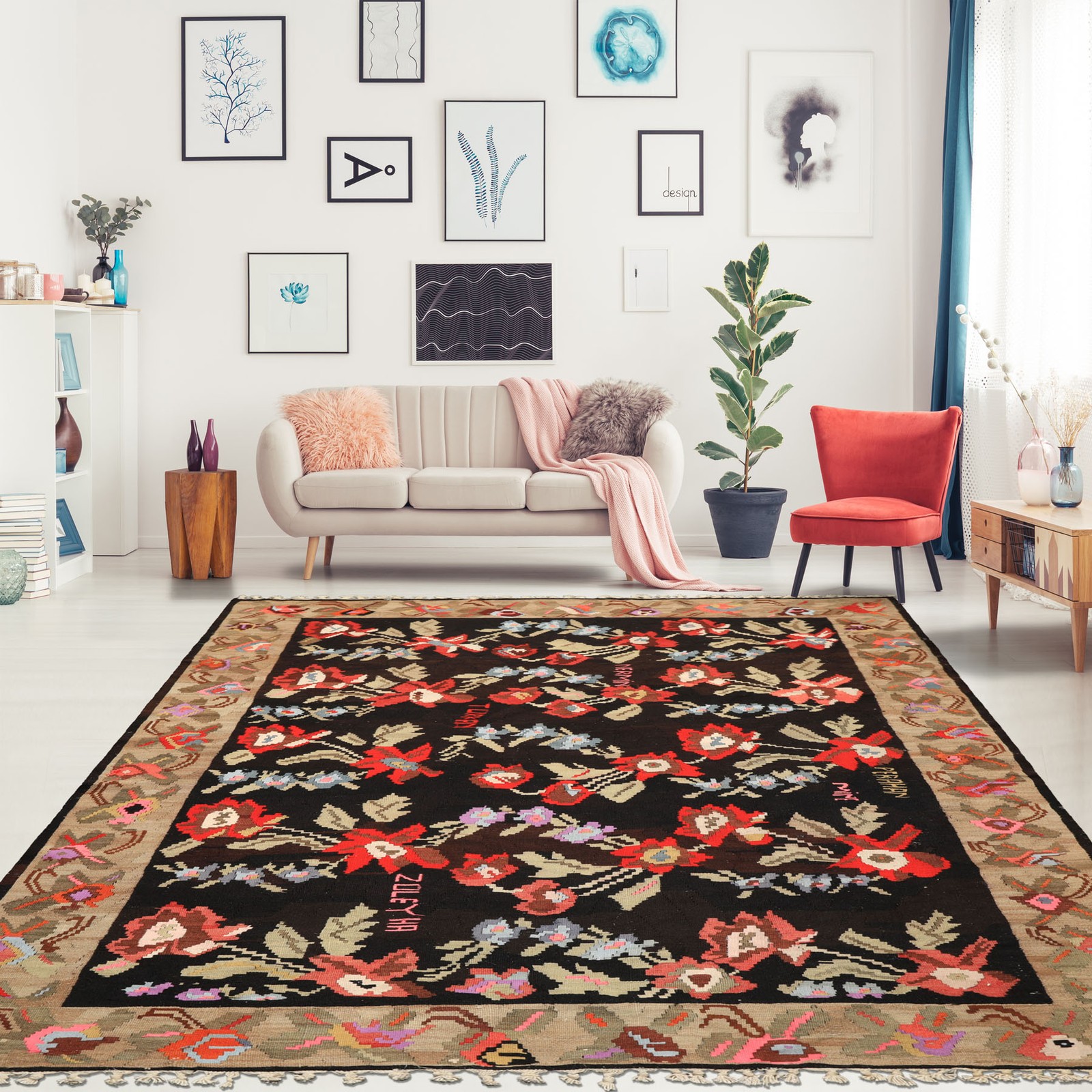 6×9 Hand Woven Wool Charcoal Anatolian Kilim Traditional Floral Vintage Rug