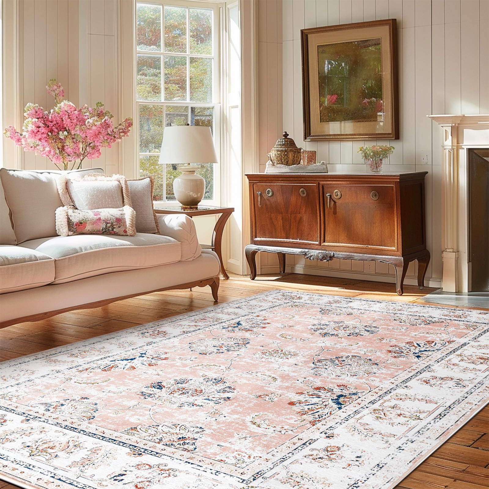 6X9 Vintage Floral Area Rug Washable Non-Slip Living Room Teal Pink Blue