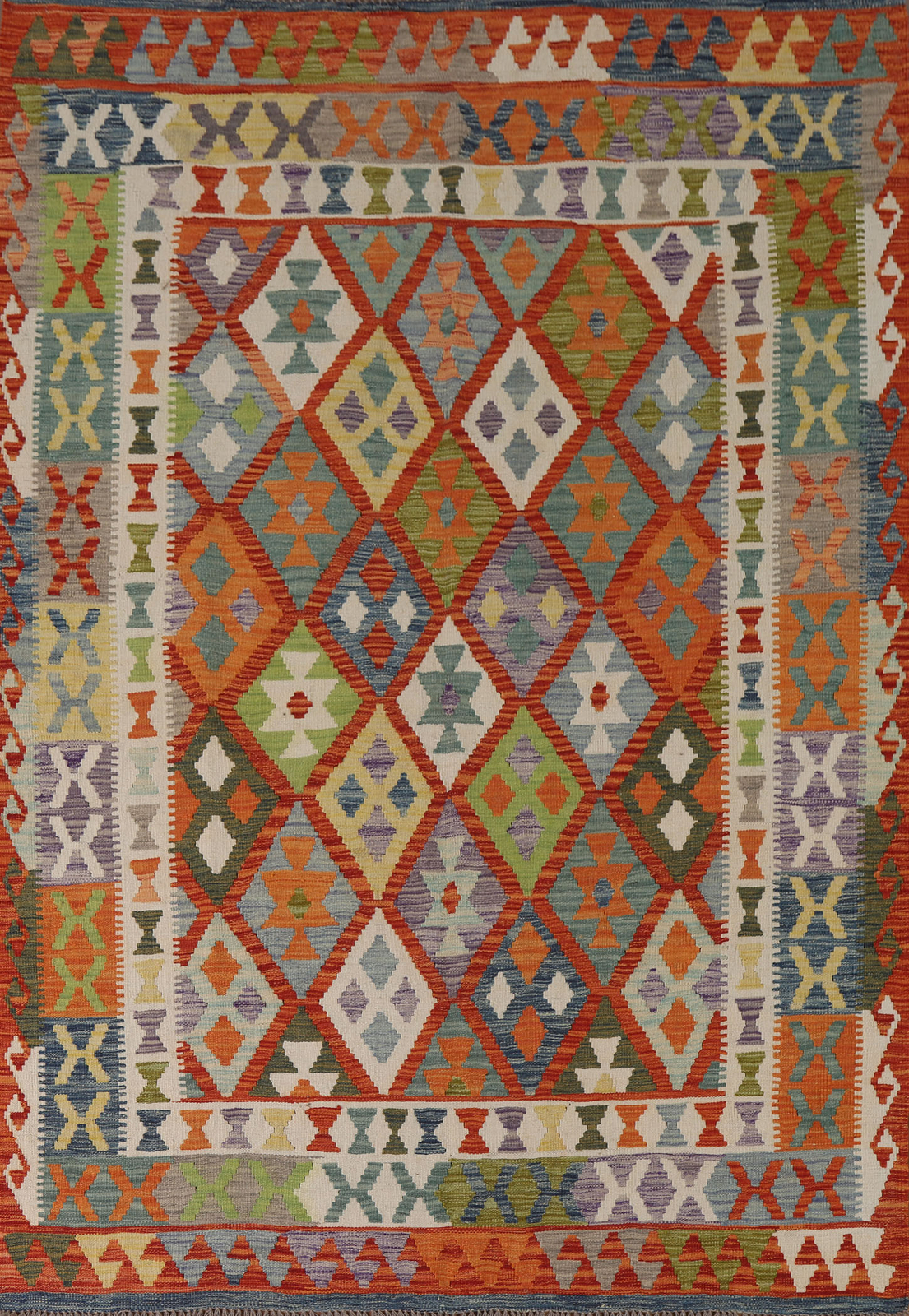 Geometric Kilim Rugs Rust Flatweave Pile Wool Kelim Carpets 6×8 ft