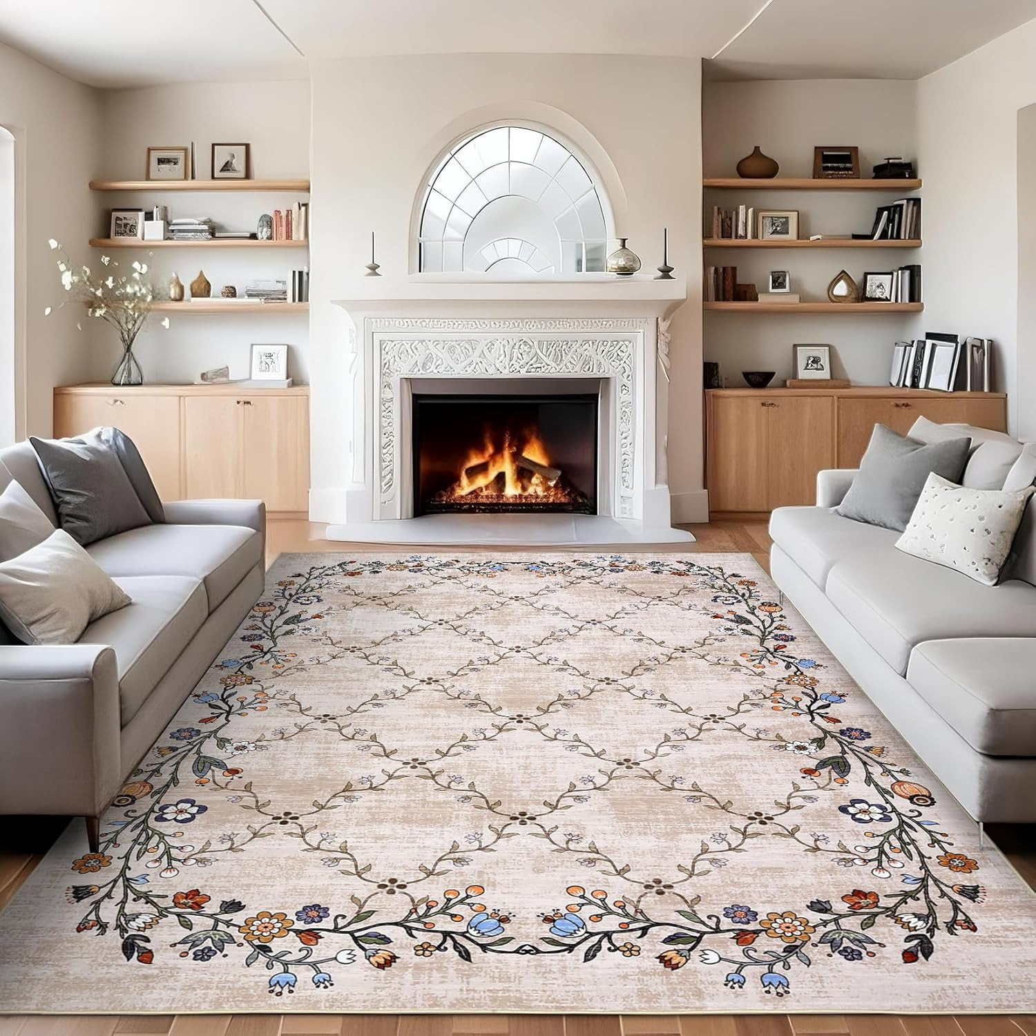 8X10Ft Floral Washable Area Rug, Beige Vintage Boho Low Pile Non Slip, Soft Indo