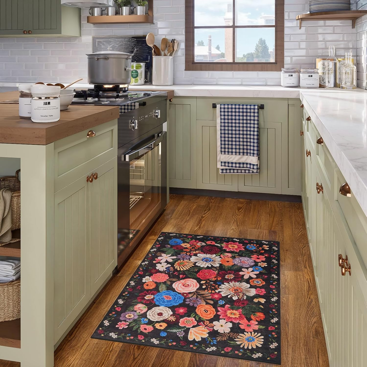 Espresso (Black Brown) Floral Rug for Entryway, 2×3 Washable Kitchen Mat Ultra-T