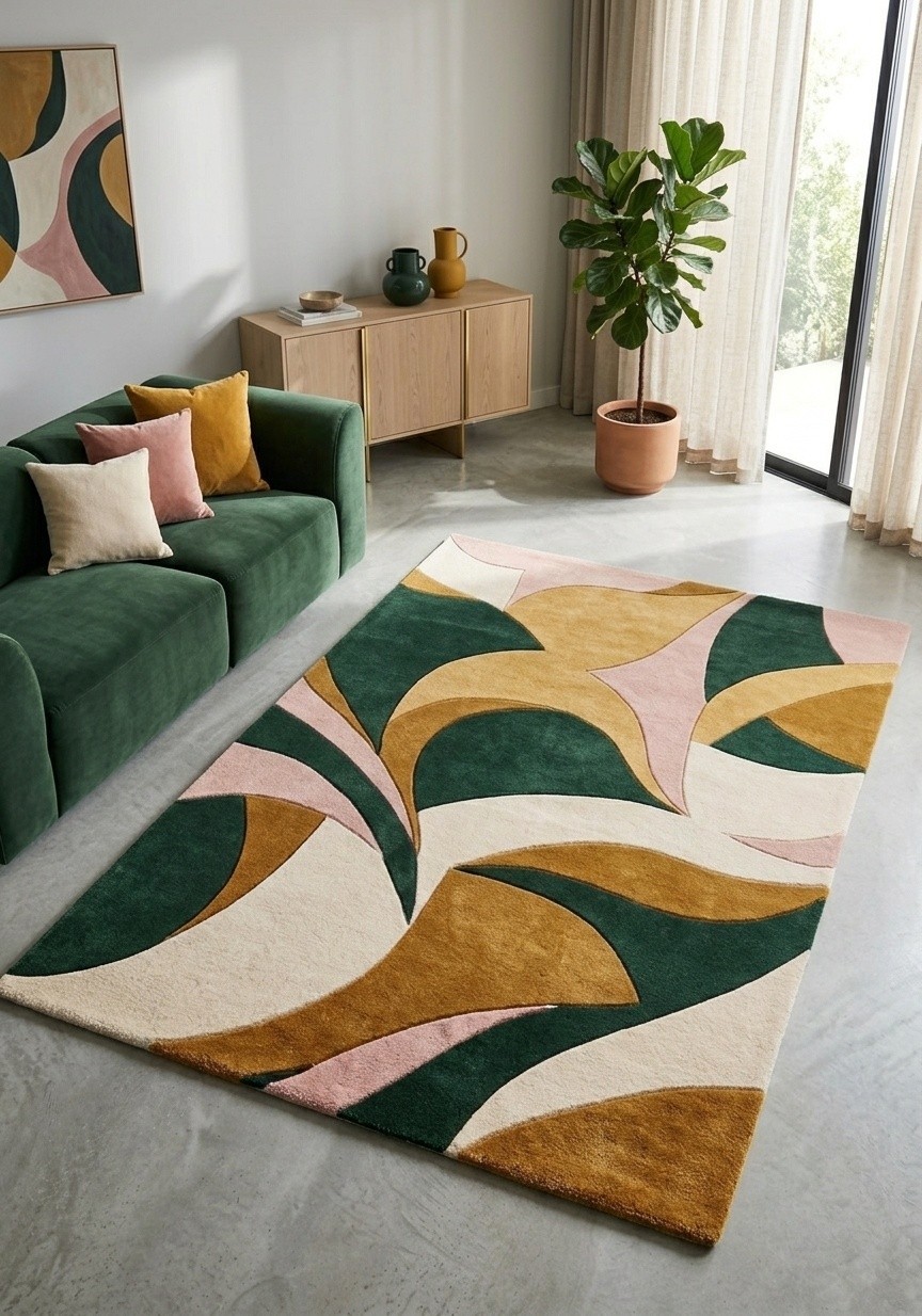 Abstract Modern Hand Tufted Wool Area Rug Green Gold Pink Contemporary Decor