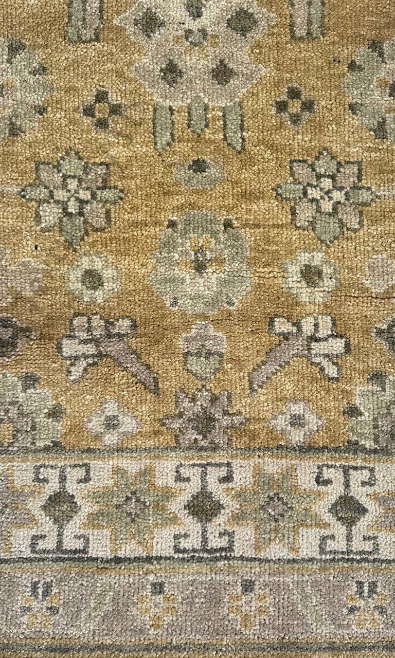Hand Knotted Wool Rug | Tribal Oushak Style Green Anatolian Carpet