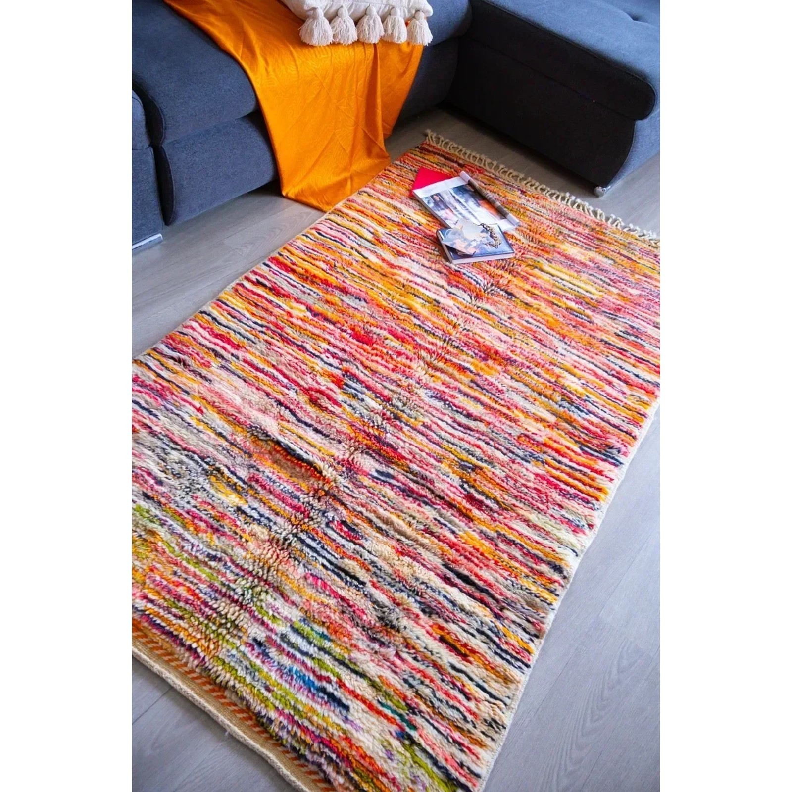 Handwoven Moroccan Boucherouite Rug – Multicolor Wool Area Rug Boho Style