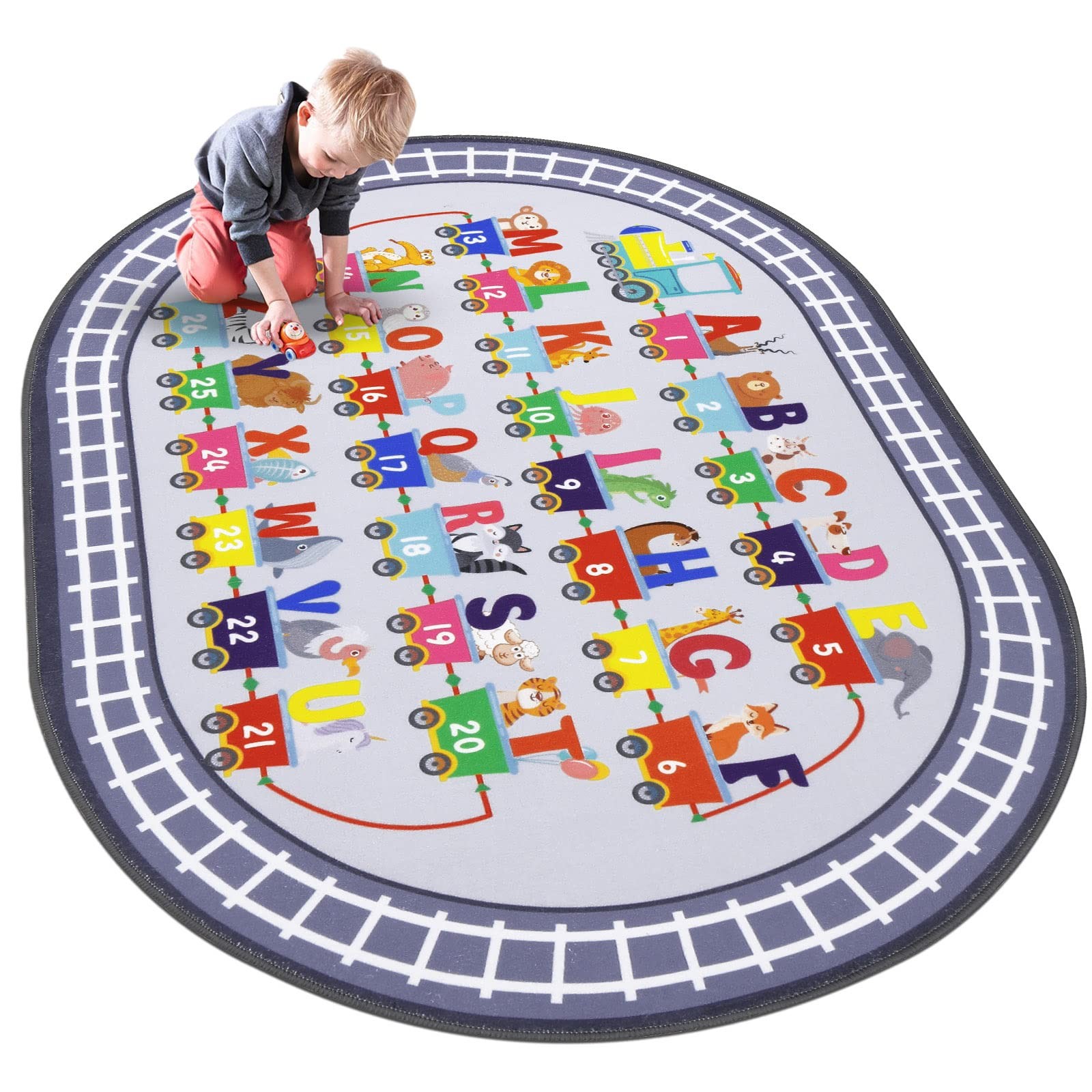 Kids Playmat Rug 3’3″ X 5′ ABC Alphabet Numbers Train Road Theme – Educational