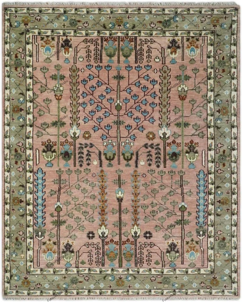 Light Pink,Green Rust Tree of Life Traditional Handknotted Wool Area Rug For Hom