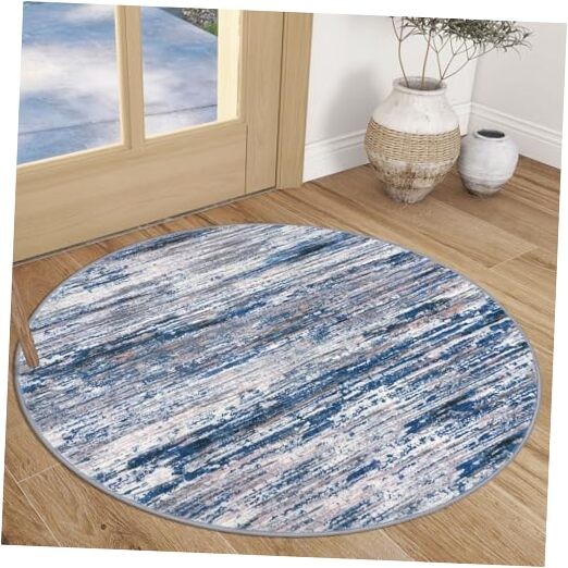 3′ Washable Round Rug for Entryway, Navy Blue Gray Neutral Multi Soft Non