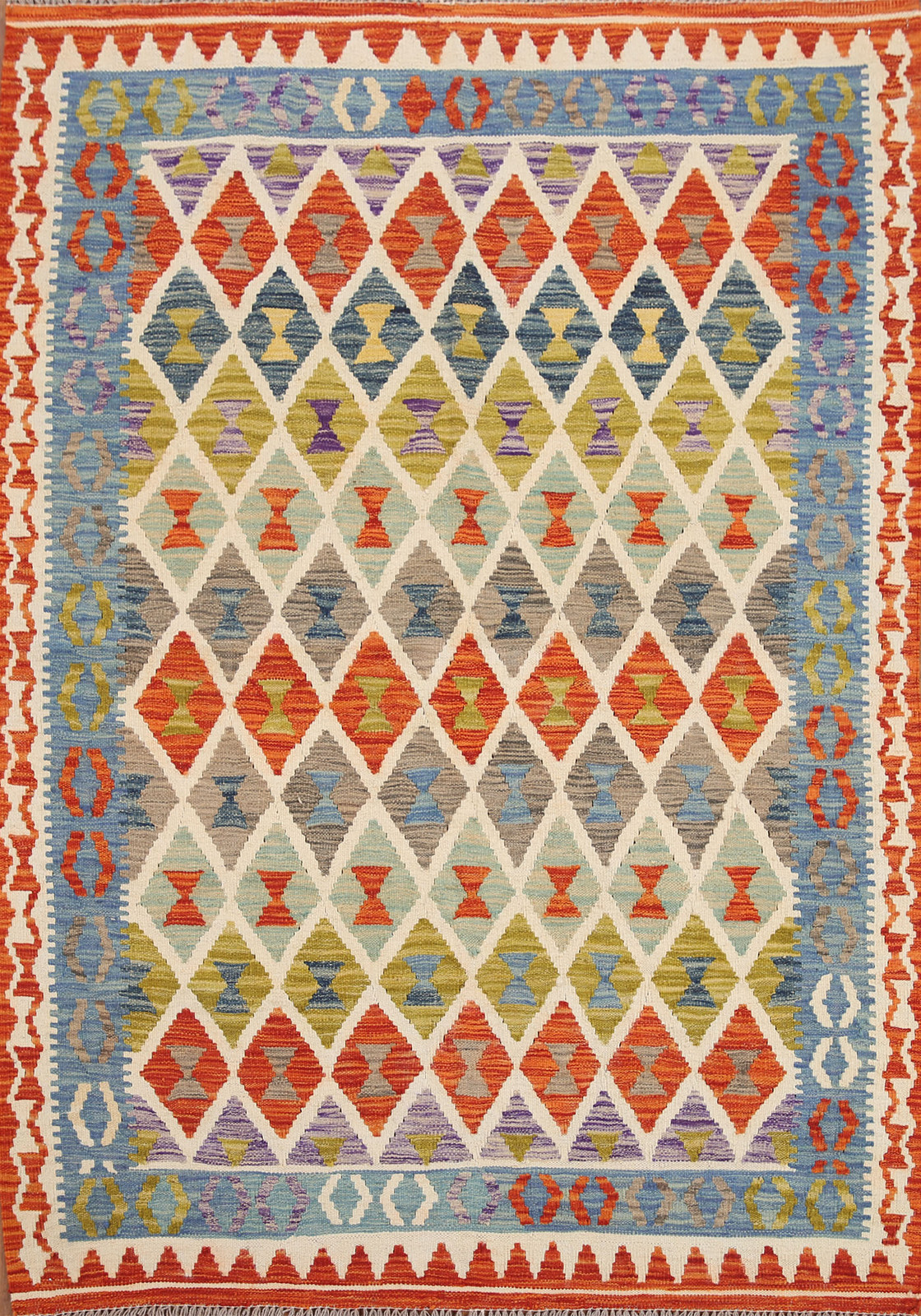 Tribal Style Geometric Kilim Reversible Wool Rug 5×6 ft Flat-woven Carpet