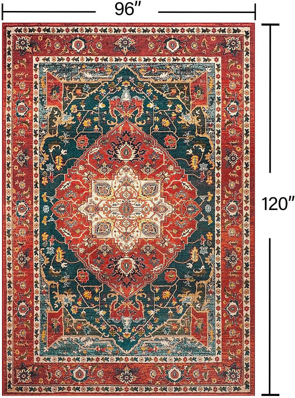 8×10 Machine Washable Area Rug Orange Red Floral Vintage Non Slip Carpet
