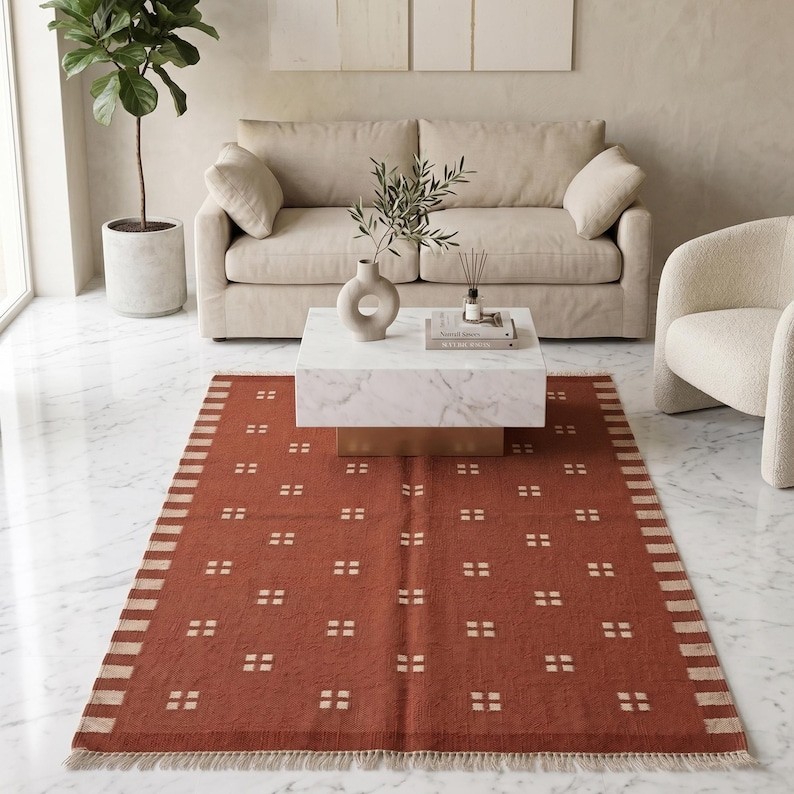 Scandinavian Red Swedish Kilim Tile Rug Handmade Flat weave Boho Large Area Rug