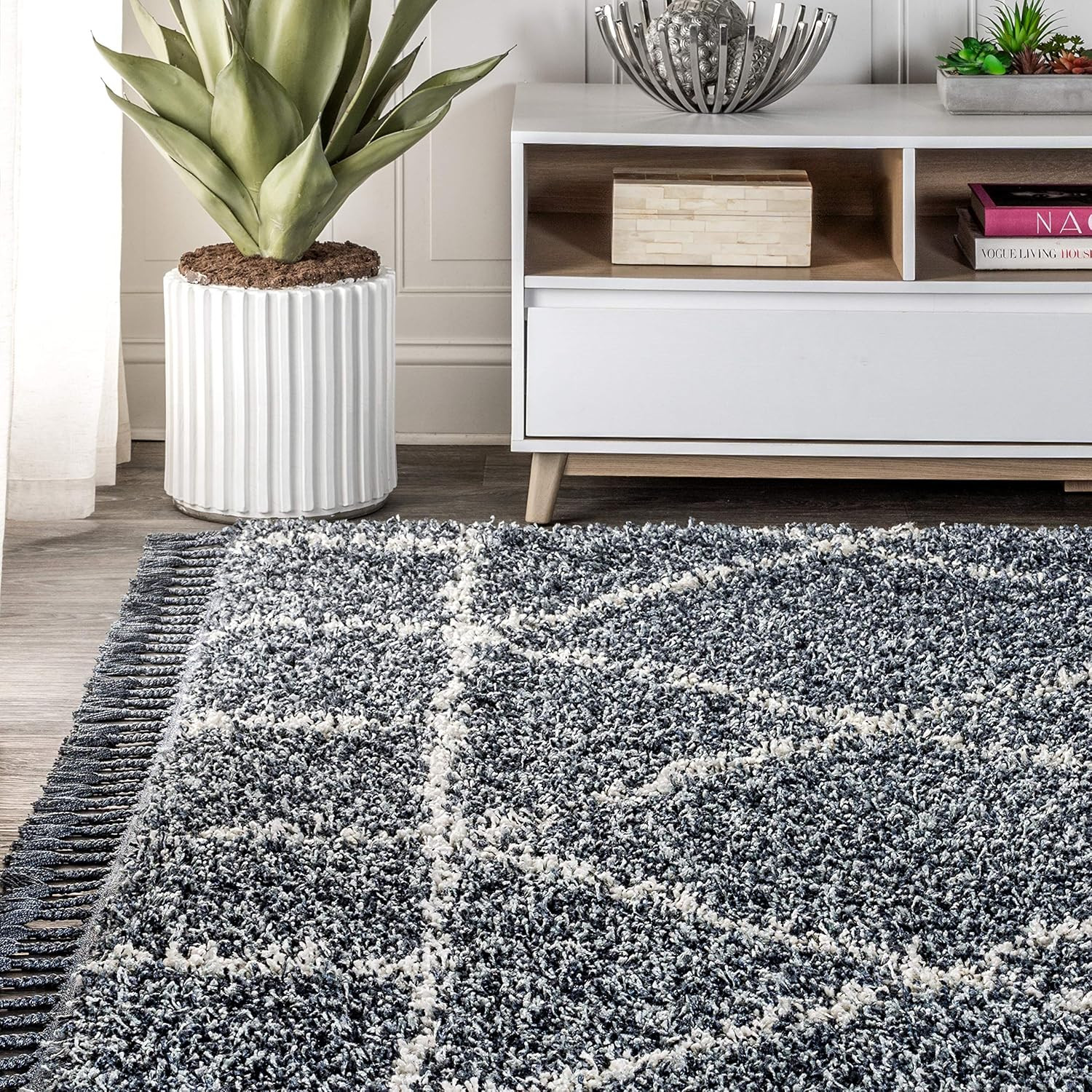 Mercer Shag Blue/Cream Area Rug 8×10 – Moroccan Trellis, Easy-Clean, Pet Friendl