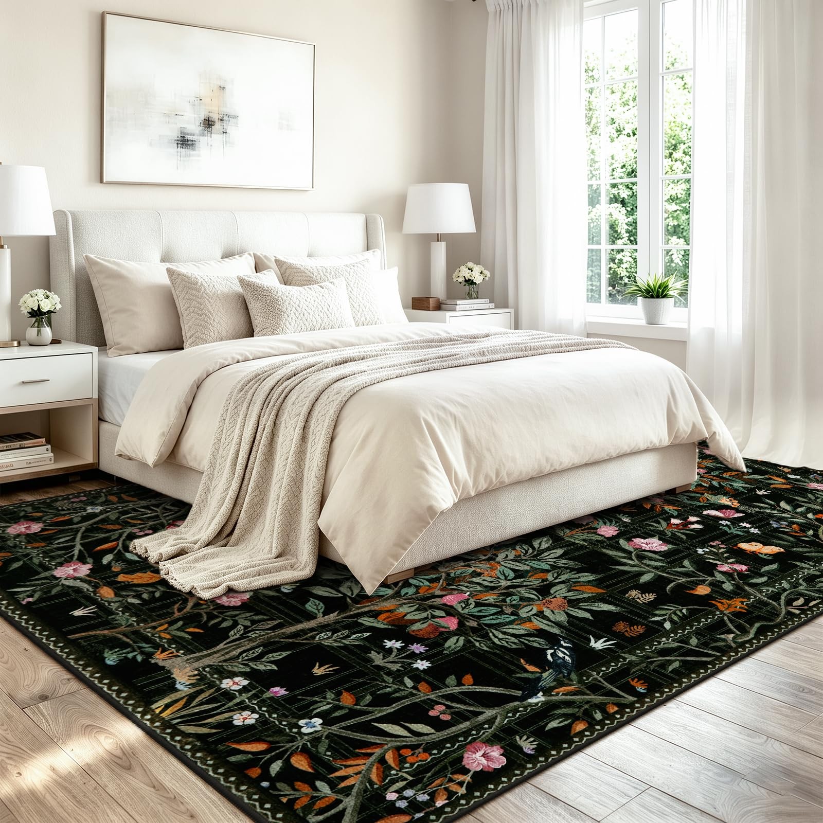 Black Boho 8×10 Area Rugs for Living Room, Washable Large Floral Rug Non Slip…