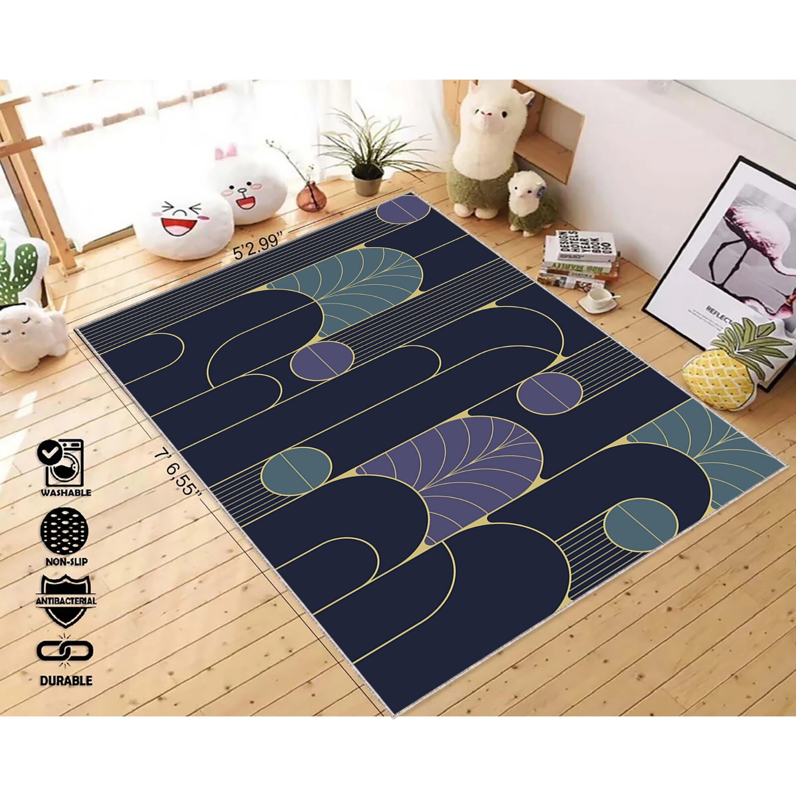 Art Deco Style Area Rug, Flat Design Art Deco, Golden elements on Blue Backgroun