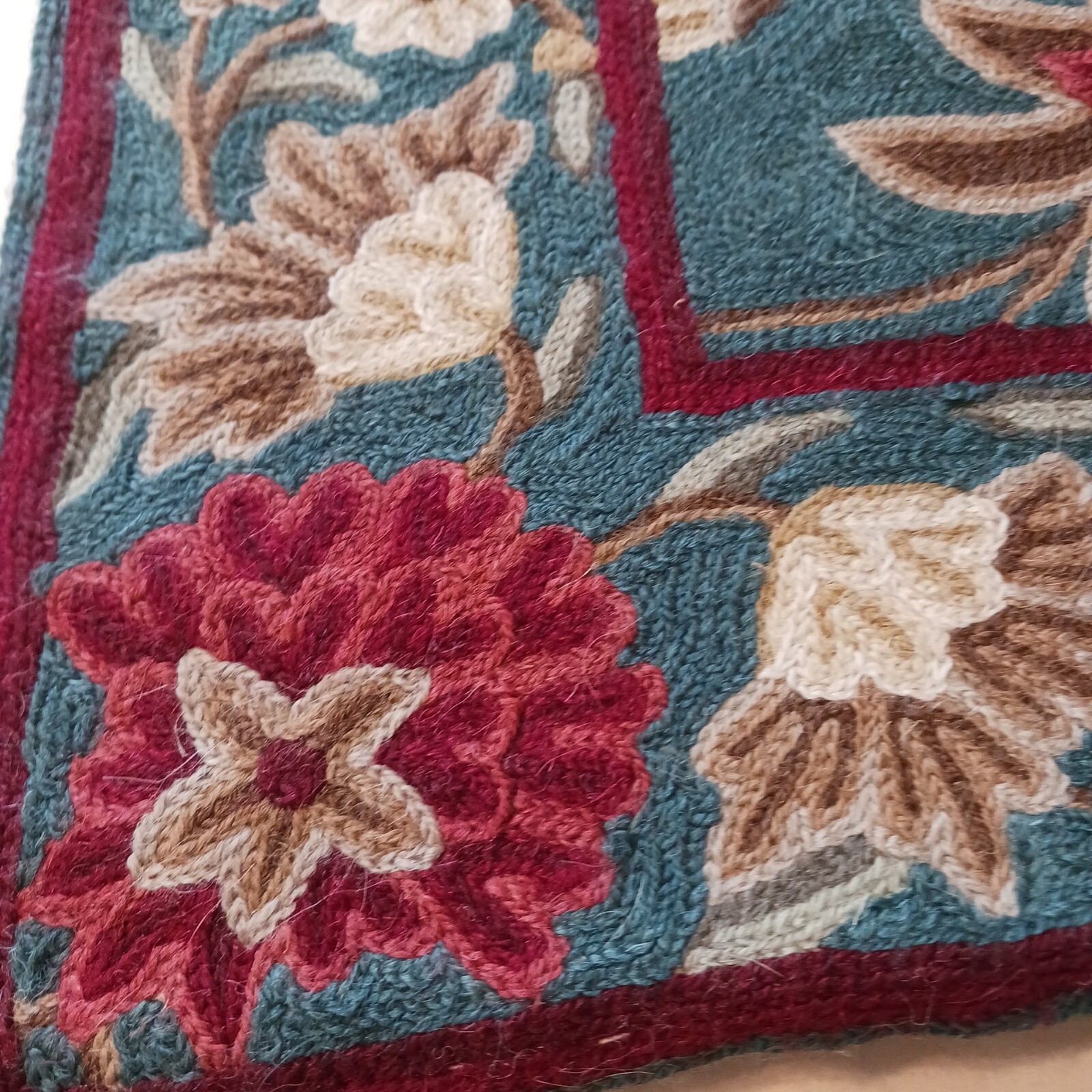 Kashmiri 100% Wool Area Rug Floral Embroidered Tapestry Blue Red