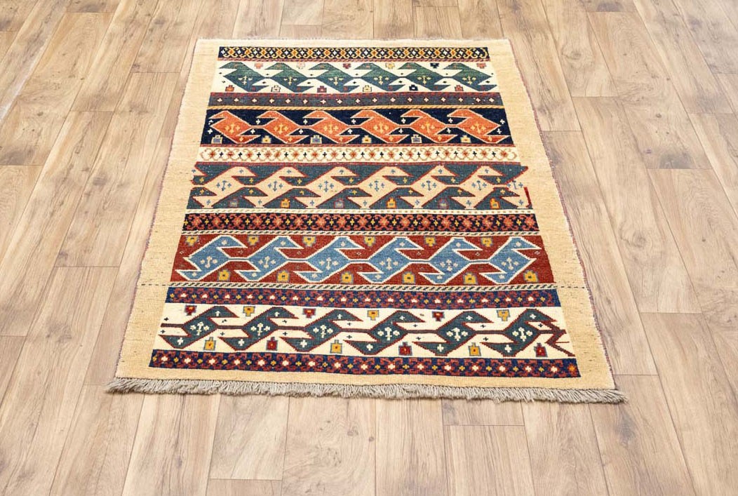Vintage Distressed Tribal Striped Wool Oriental Rug Entryway Carpet 3’5×4’0 Ft