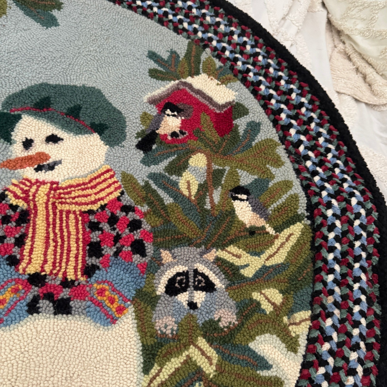 Claire Murray Wool Hooked Rug Snowman Black Bear Winter Woodland Round 39″ 2230