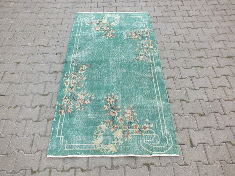Türkish Vintage Green Rug Floral Design Bohemian Kitchen Carpet 3.7 X 6.6 Ft