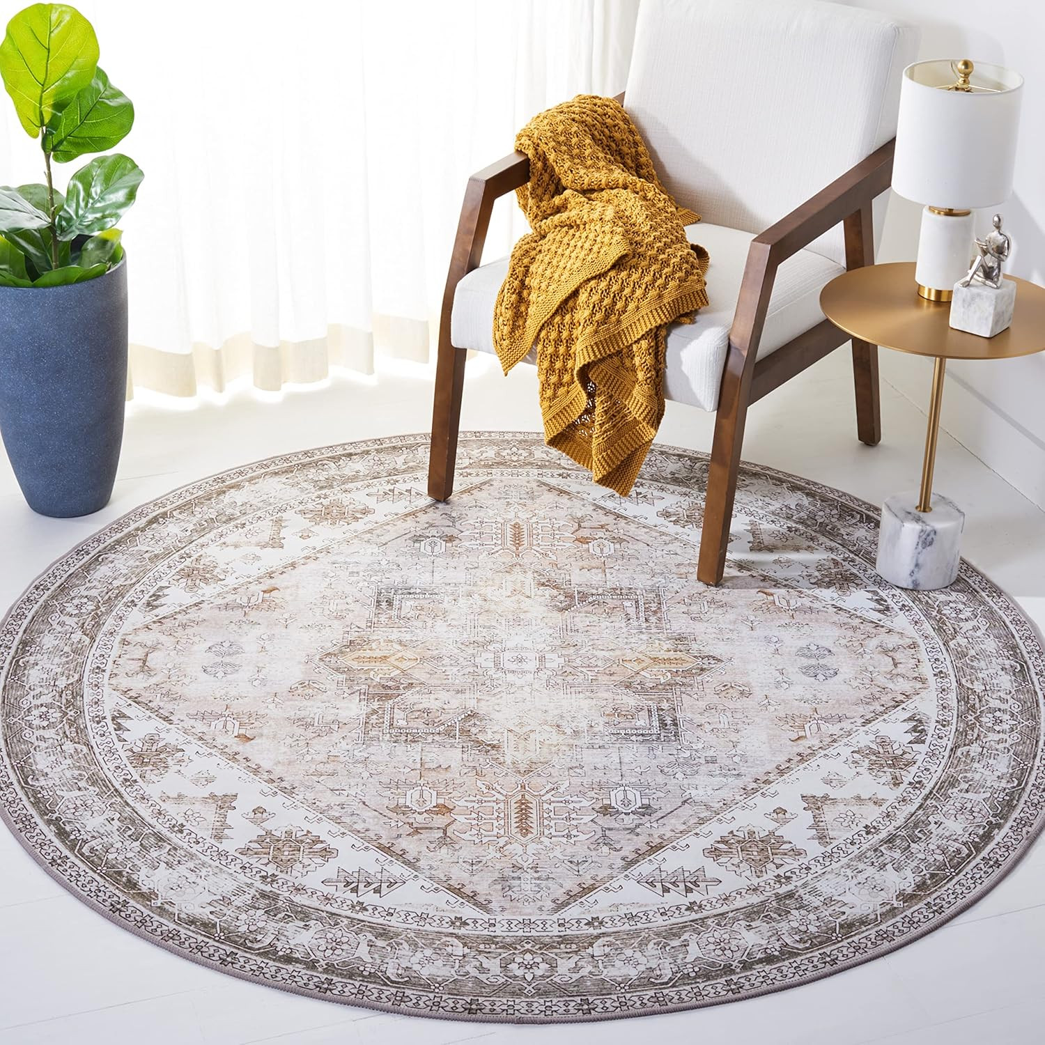 Tucson Collection 9′ Round Washable Rug – Beige & Grey, Slip Resistant